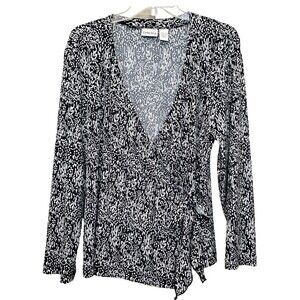 Chico's Black & White Abstract Print Long Sleeve Faux Wrap Side-Tie Top 3 (XL)